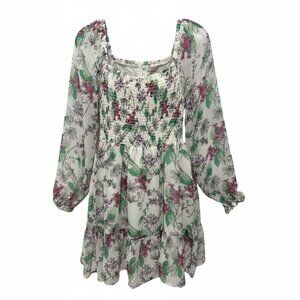 Steve Madden Floral Smocked Long-Sleeve Mini Dress Size M 100% Polyester